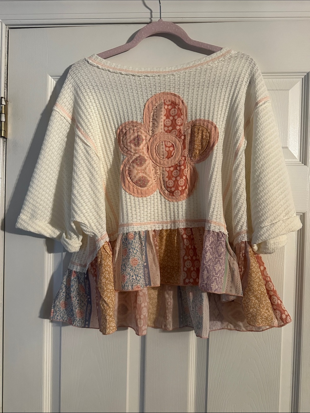 Hem & Thread Cream Waffle Knit Peplum Top with Patchwork Floral Accents